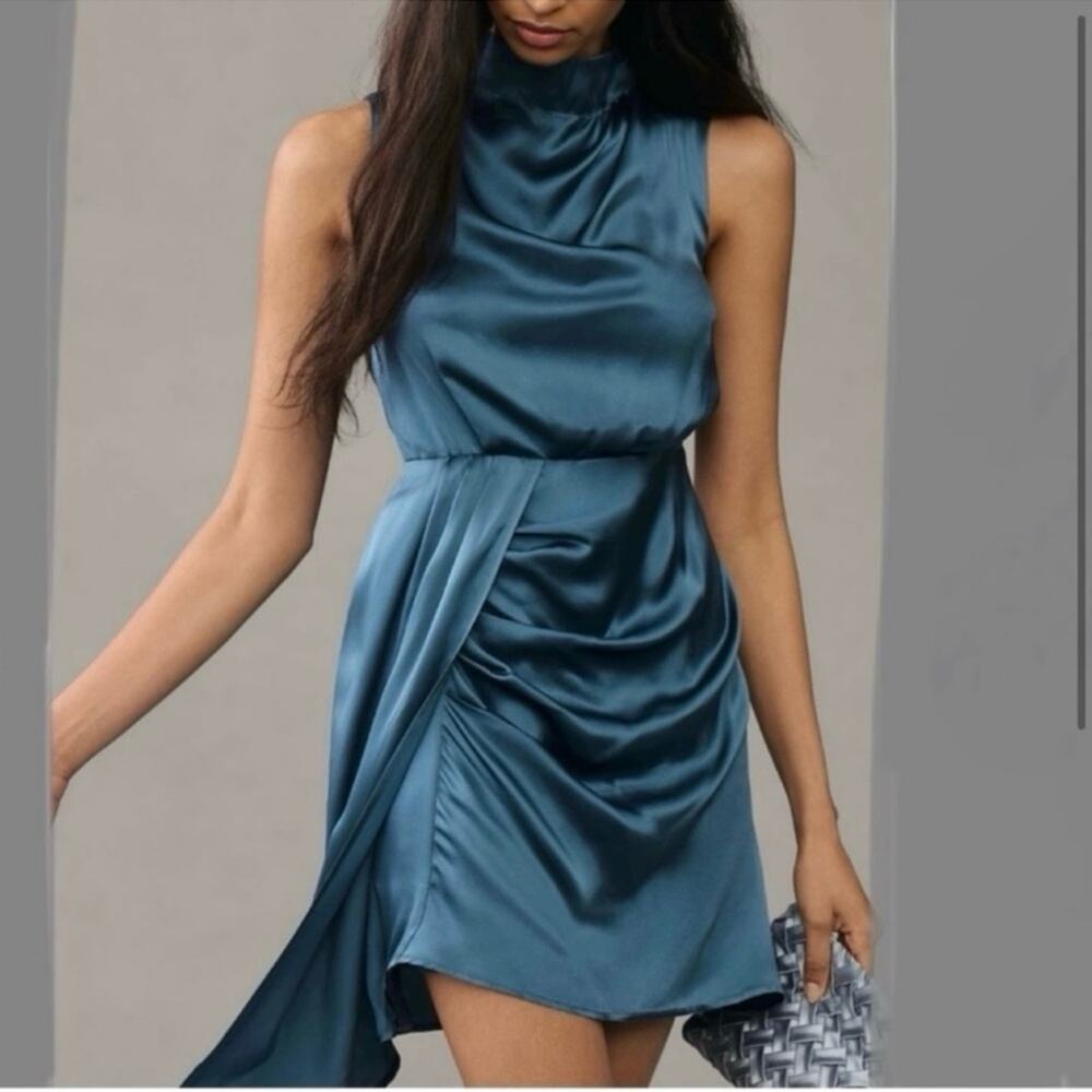 By Anthropologie Maeve Women’s Mock-Neck Draped Silk Teal Asymmetric Hem Dress 4 - Picture 12 of 12